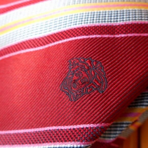 EUC VERSACE Multi-Colored Diagonal Striped 100% Silk with Blue Logo on Front Tie - Picture 10 of 11